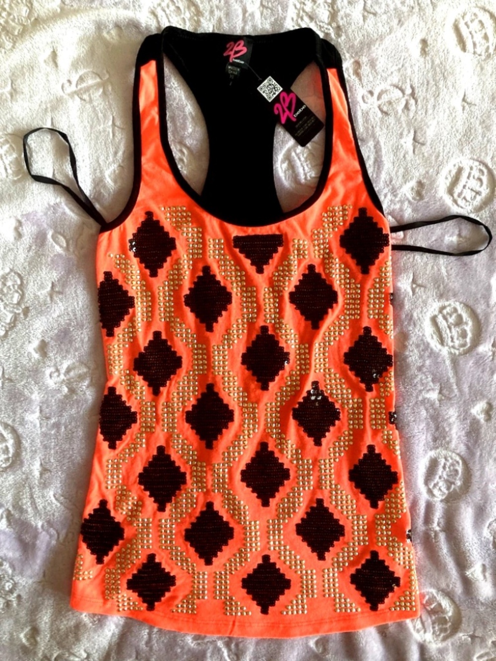 NWT Bebe 2b black orange sequin gold studded tank top